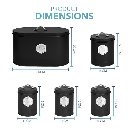 HEFTMAN Black Kitchen Canister Set - Stylish 5 Piece Kitchen Storage Canisters for Bread, Biscuits - Sugar Coffee Tea Storage Set with Airtight Lids, Labelled Containers (5 PCS)