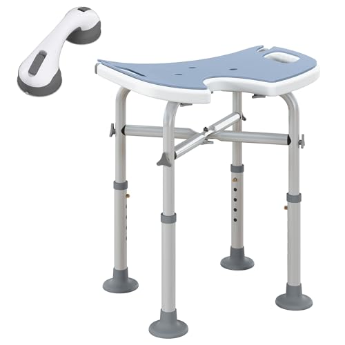 HOMCOM Height Adjustable Shower Stool with Suction Grab Rail, Aluminium Shower Chair with U-Shaped Padded Seat, Non-Slip Bath Stool for Elderly, Disabled, Seniors, Pregnant, Light Blue