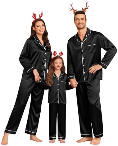 SWOMOG Family Matching Pajamas Set Silk Satin Button Down Sleepwe...