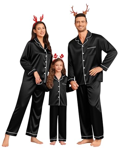 SWOMOG Family Matching Pajamas Set Silk Satin Button Down Sleepwear Long Sleeve Nightwear 2 Pcs Pj...