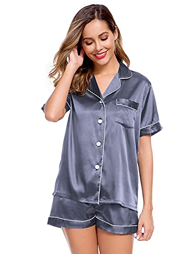 Image of LecGee Womens Silk Satin Pajamas Set Short Sleeve Sleepwear Button Down Nightwear Soft Pj Lounge Sets