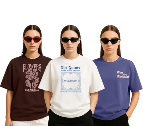 Image of Cotton Blend Oversized Baggy Fit Drop Shoulder Graphic Printed Half Sleeve T-Shirt Combo for Women (Pack of 3) (Sizes: S to 2XL)