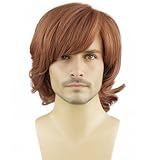 RightOn Shaggy Wig Men Short Wavy Brown Wig 60s 70s Male Rocker Costume Wigs for Halloween Cosplay Party