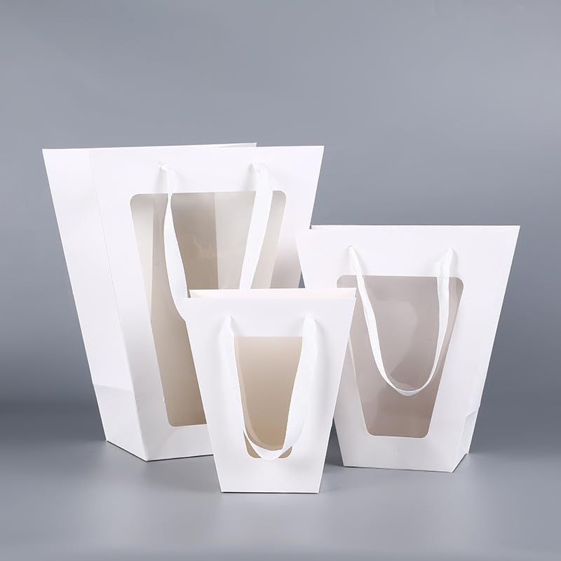 Nvzi prezenty, kwiaty, torby do pakowania prezentów, trapezowe przezroczyste torby do przenoszenia okien, torby do przenoszenia prezentów kwiatowych (białe, 28 * 14 * 35 cm)