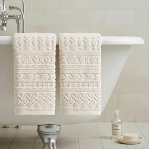 Artoid Mode 2 Pcs Beige 3D Geometric Design Jacquard Hand Towels for Bathroom, 100% Cotton Soft Absorbent Bathroom Decor Towels, 13.7 x 29.5 Inch by Artoid Mode - Image 4