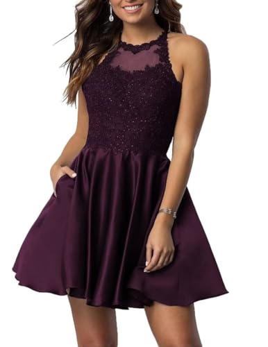Short Beaded Homecoming Dresses with Pockets Laces Applique Prom Dress Satin Cocktail Dresses for Teens BG