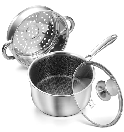 KOCH SYSTEME CS Hybrid Nonstick Stainless Steel Sauce Pan with Steamer Insert, 18/10 Steel 2QT Sauce Pan with Lid, Triple Stainless Steel Pot with Honeycomb Interior, Induction Compatible & Oven Safe