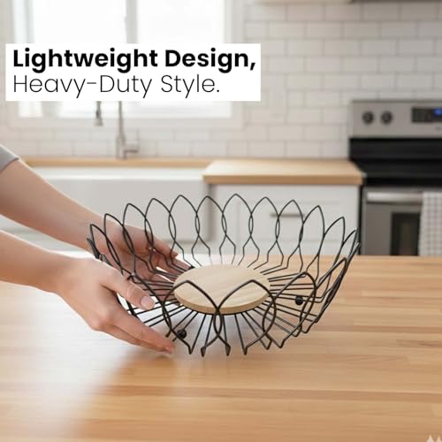 Image of Go Hooked Decorative Metal Wire Fruit Basket with Wooden Base for Home & Dining Table 10Inch | Open Wire Countertop Fruit Bowl for Vegetables, Snacks & Bread | Modern Home Decor Storage Basket (VM15C)