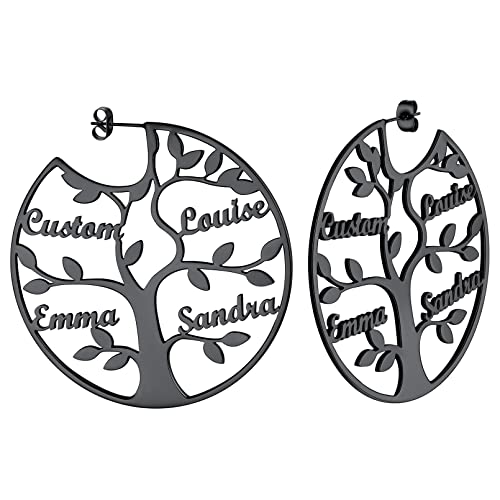 Custom4U Name Hoop Earrings Personalized Custom Tree of Life 1-8 Nameplate Big Drop Earrings Gold Plated/Black/Stainless Steel Customized Memorial Jewelry Gifts for Women Mother Grandma (Gif