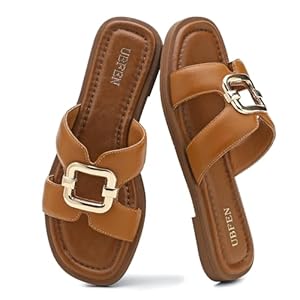 UBFEN Women’s Square Toe H-Strap Slide Sandals Trendy Comfortable Summer Flat Sandals for Casual, Beach, Vacation