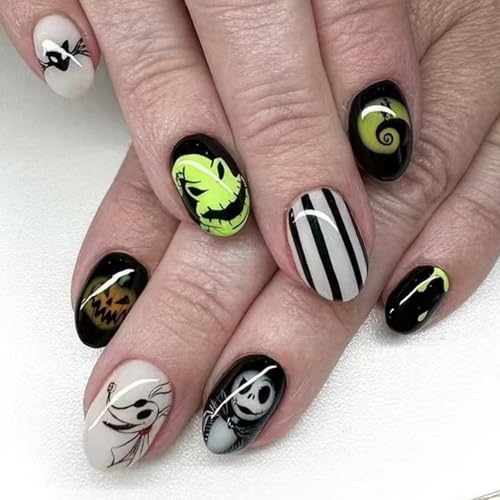 24PCS Halloween Press on Nails Almond Short Oval Fake Nails with Pumpkin Ghost Design Acrylic Glossy Full Cover Stick on Nail for Women Girls Halloween DIY Manicure