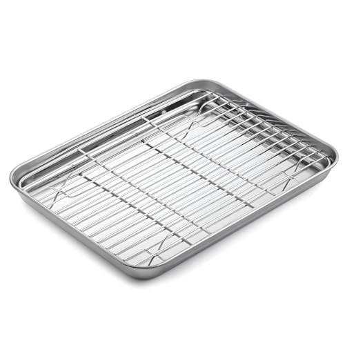Lexara Stainless Steel Baking Tray with Cooling Rack Set,Oven Safe Roasting Pan with Wire Rack for Cookies Cake Bread Multipurpose Drip Tray for Grilling Baking Roasting Kitchen Use (12.5X10)