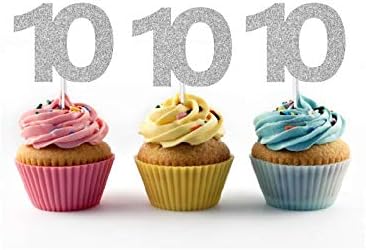 10th Birthday Cupcake Toppers in Silver Glitter - 24 count - Anniversary and Retirement Decorations