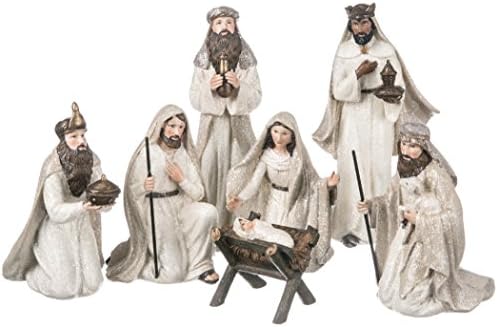 7 Piece Holy Family Three Kings Shepherd 9 inch Glitter Resin Stone Christmas Nativity Set