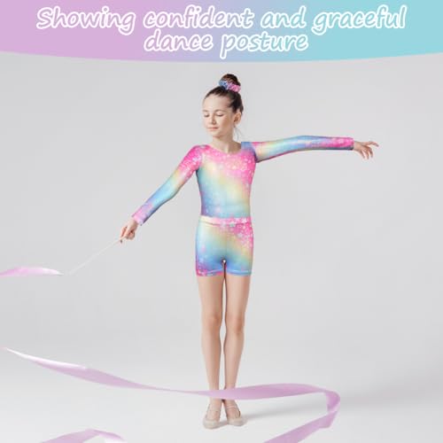 AOOWU Kinder Gymnastikanzug, Mädchen Langarm Ballettanzug, Mädchen Klassischer Turnanzug Langarm, Training Tanzbekleidung Gymnastik Body Tanzbekleidung Wettkampf （130）