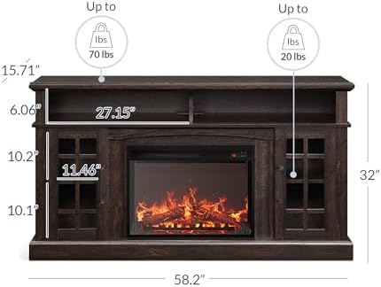 BELLEZE Traditional 58" Rustic TV Stand with 23" Electric Fireplace Heater with Sound, Media Entertainment Center Console Table for TV up to 65" with Open Storage Shelves and Cabinets - Espresso - Thumbnail 3