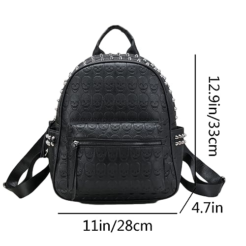 Image of Women Punk Rivets Backpack Skull Printed Daypack Purse PU Leather Shoulder Bags Satchel Black
