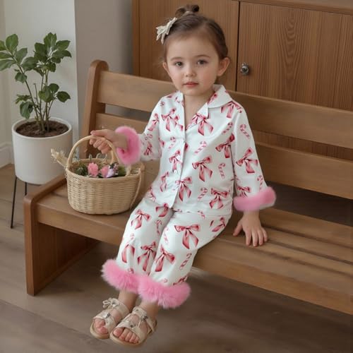 Toddler Baby Girls Silk Satin Pajamas Set Feather Trim Long Sleeve Botton Shirt Tops Pajama Pant Fuzzy Lounge Pjs4