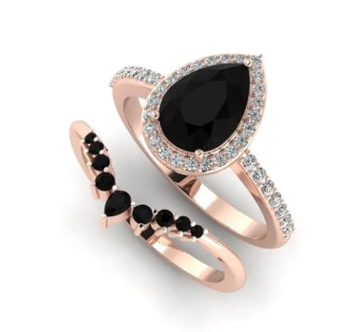 Pear Shaped Black Onyx Engagement Ring Rose Gold Halo Unique Black Stone Engagement Ring Set For Women Wedding Bridal Promise Ring For Her #TOP3