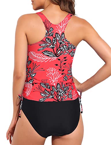 Firpear Bathing Suits For Women Drawstring Swim Top With Bottom Tummy Control Tankini Swimsuits Scoop Neck Two Piece Plus Size Swimwear Us16 Red Floral #TOP3