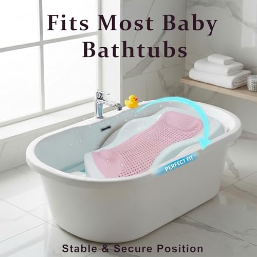Image of MOM CARE Foldable Baby Bath Support Seat for Newborn (0-6 Months) | Anti-Slip Silicone Baby Bather | Ergonomic Infant Bath Seat for Sink, Tub & Floor | Portable Newborn Bath Support Chair | Pink