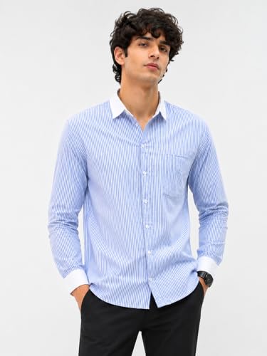 Image of Men's Striped Casual Shirt | White Collar & White Cuff Design | Full Sleeve Cotton Blend Shirt for Men | Slim Fit Stylish Casual Wear