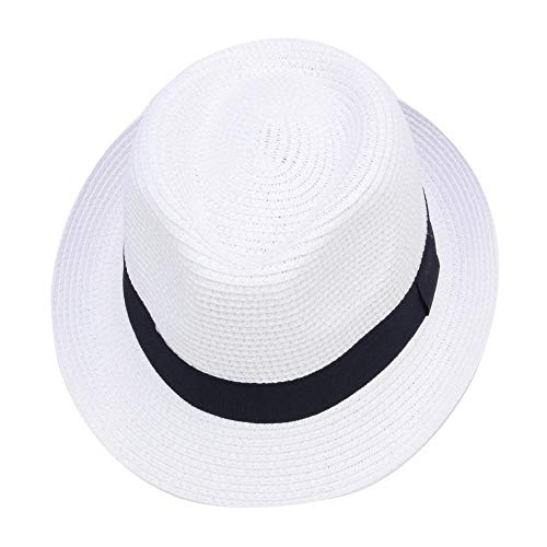 Sandy Ting Kids Boys Girls Summer Panama Straw Fedora Hat Short Brim Beach Sun Cap (White) #TOP4