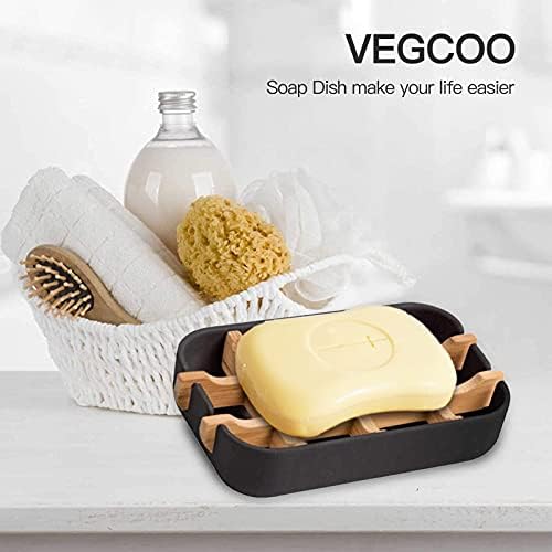 VEGCOO Bamboo soap holder, Natural Bamboo Soap Dish with Drainage Storage Holder, Durable Anti-Mould Natural Soap Box Soap Saver for Shower, Bathroom, Kitchen and Wash Basin (1 Pack Black)
