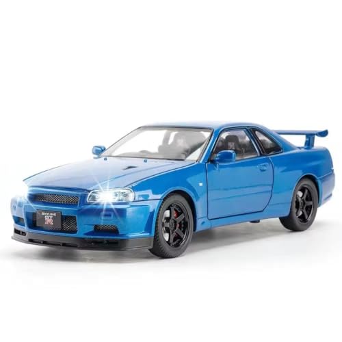 Image of 1:24 Scale Nissaan Skyline R-34 Model Alloy Metal Pull Back Toy car for Kids with Openable Doors & Light, Music Toy Vehicle for Kids (1:24 Nissaan Skyline R-34 (Blue))