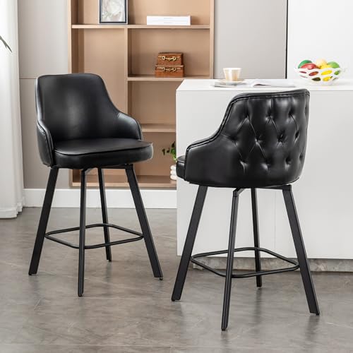 Image of Black Bar Stools Set of 2, 26 inch Faux Leather Counter Stools with High Back