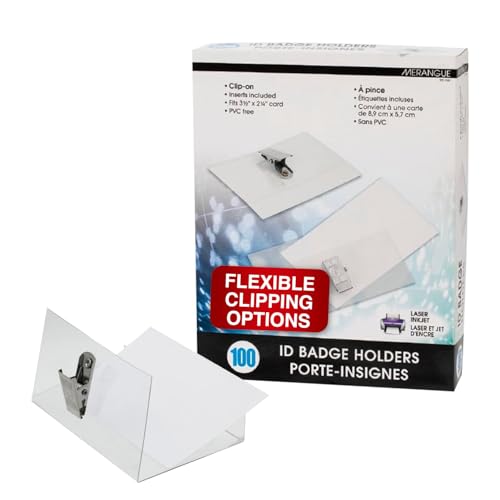 Merangue ID Badge Holder, Versatile ID Card Holder with Clip, PVC-Free Plastic Name Tag Holder with Paper Inserts, Fits 3.5” x 2.25” Cards, Pack of 100, Clear by Merangue - Used condition - CA$9.38
