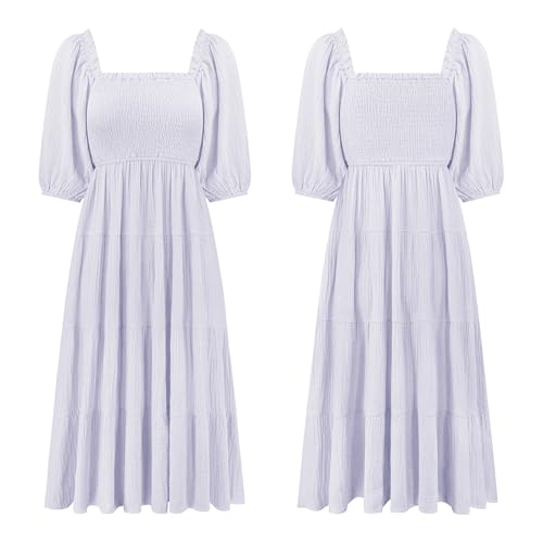 Image of R.Vivimos Women's Summer Cotton Lantern Sleeves Ruffled Off Shoulder A-Line Midi Dresses