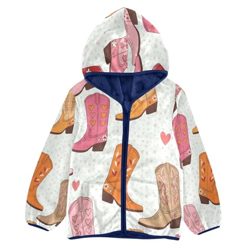 Cowboy Boots with Hearts Toddler Fleece Jacket Girl Boys Hooded Fleece Jacket Coat Warm Outwear Zip-up 3-10T