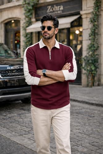 Image of Dagcros Mens Polo T-Shirt with White Contrast Collar | Short Sleeve Zipper Neck Casual Top | Smart Casual T-Shirt for Man