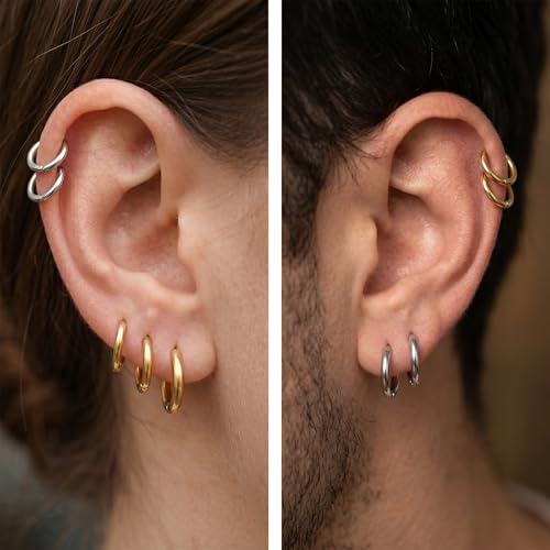 Nogeqi Lot de 6 paires de petites boucles d'oreilles créoles dorées et argentées en acier inoxydable - Petites piercings pour oreille, hélix, daith, cartilage, nez, lèvres, boucles d'oreilles Huggie – vue 7