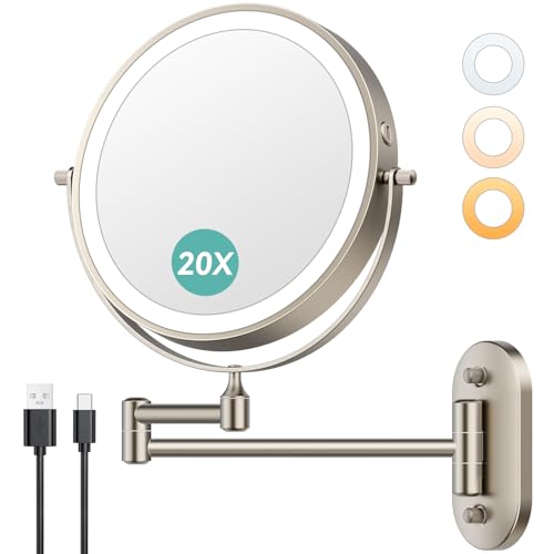 Auxmir 8 Wall Mounted Lighted Makeup Mirror 3200mAh Rechargeable 1X/20X Dual Magnification 3-Color LED Light 360 Adjustable Arm Nickel