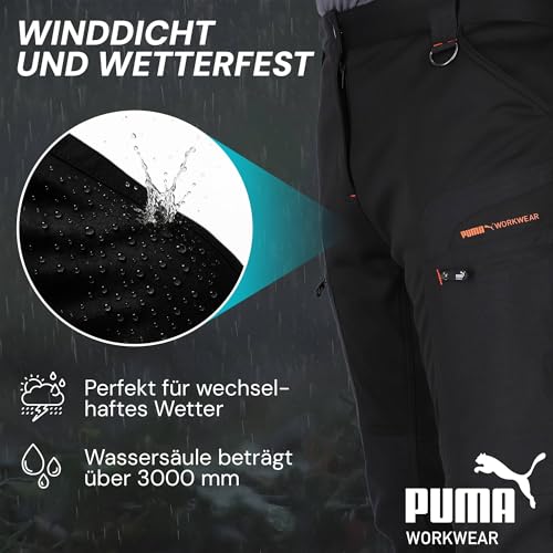 PUMA Workwear ProOne Alpine gefütterte Hosen Herren - Outdoor Hosen für Herren - Winddicht & Wasserabweisende Softshellhose - Elastische Arbeitshose Wanderhose Herren Winter - Schwarz-Orange - L