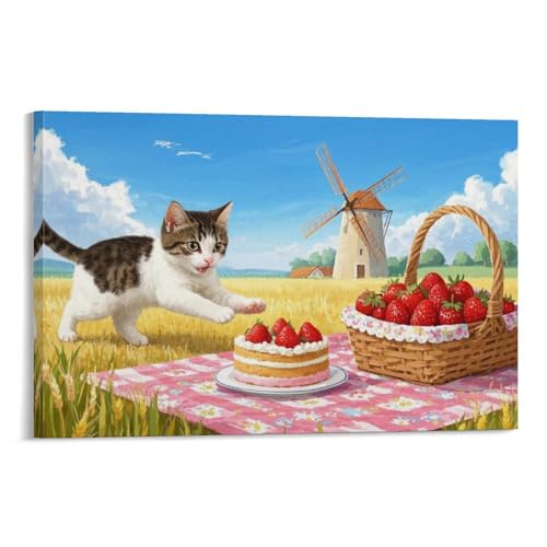 Tableau chat pique-nique impression sur toile 40x60 cm pour déco murale