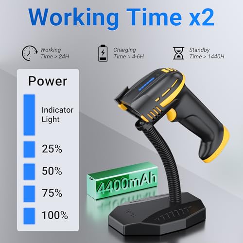 Image of Tera Pro Barcode Scanner with Power Switch Battery Level Indicator 4400mAh Replaceable Battery Wall Mountable Stand 1D 2D QR Works with Bluetooth 2.4G Wireless USB Wired Bar Code Reader D6100 Yellow