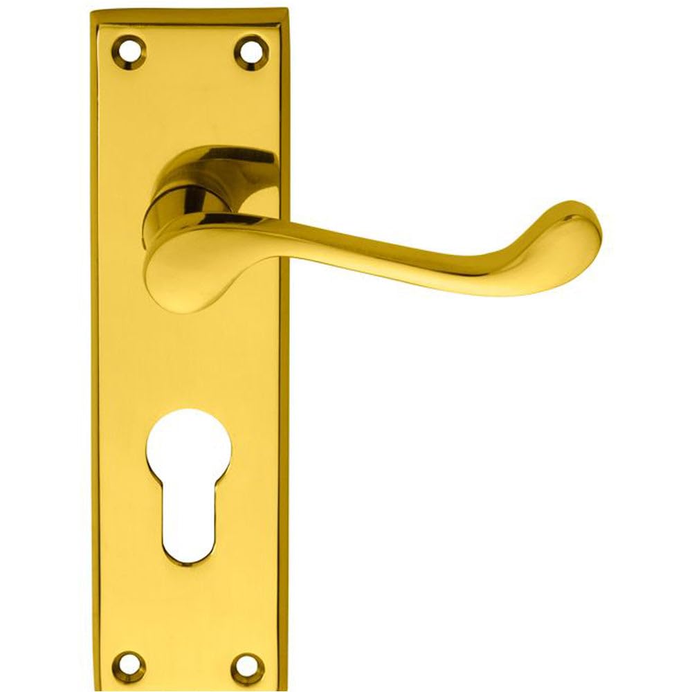 Victorian Scroll Latch & Euro Lock Door Handle Polished Brass Lever On Backplate