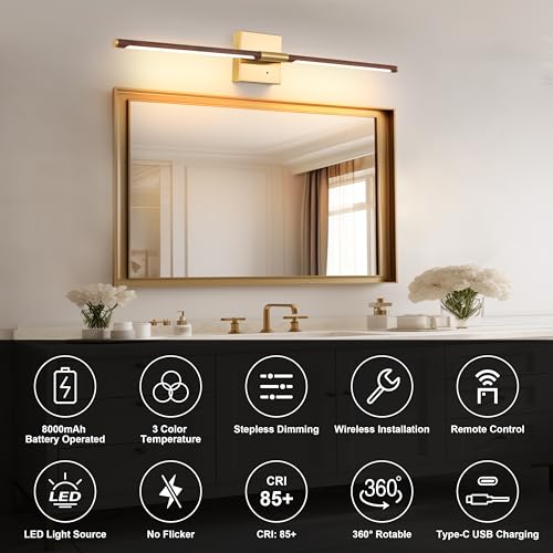 Image of Morauroral Walnut Gold Battery Operated Wall Sconce with Remote Control, Rechargeable Wall Sconces Set of 2, LED Wireless Wall Light, Modern Sconce Wall Decor for Bedroom, Living Room
