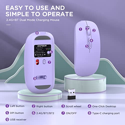 RAPIQUE Bluetooth Wireless Mouse, BT1/BT2+2.4G Multi-Device, Purple by RAPIQUE - Used condition - Image 6