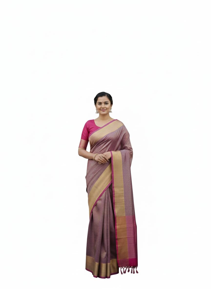 Tissue Linen Saree with Golden Border, Magenta Traditional Indian Wear-image-31