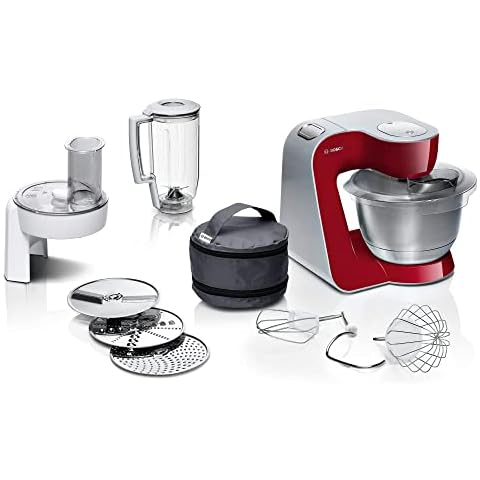 Bosch Küchenmaschine MUM5 CreationLine MUM58720,Edelstahl-Schüssel 3,9 L, Mixer 1,25 L, Planetenrührwerk,Knethaken,Schlag,Rührbesen Edelstahl, Durchlaufschnitzler, 3 Scheiben, 1000 W, Dunkelrot/Silber Cover
