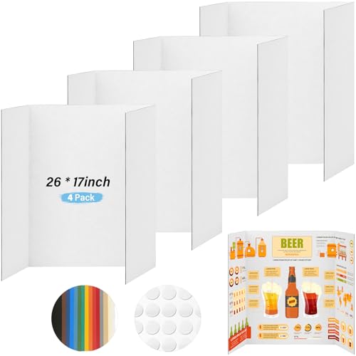 BXIHUR 4 Pcs Trifold Poster Board, 26x17 inches White Poster Board Comes with Sticky Accessories, Corrugated Presentation Boards, Display Board for School Projects, Business Presentations