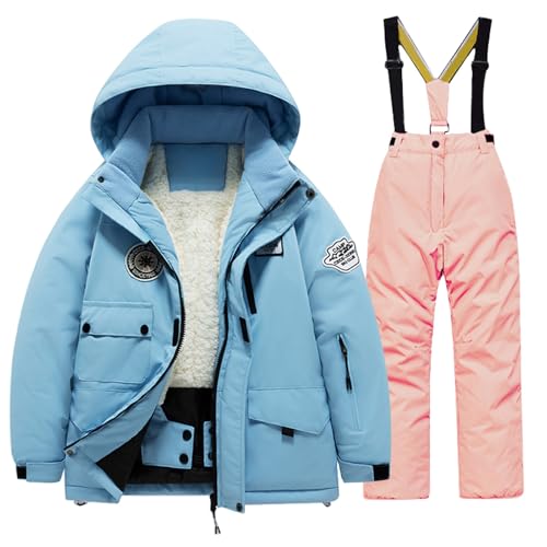 Boys Girls Winter Ski Jacket & Pants Set 2-Piece Snowsuit, Children's Hoodie Down Windproof Coat & Bib Pants Ski Suit