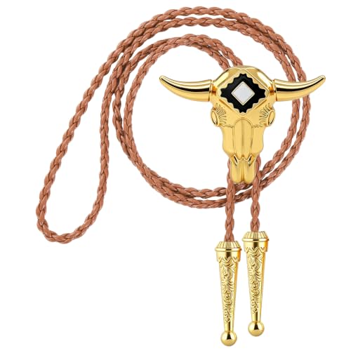Image of GelConnie Longhorn Bull Bolo Tie for Men Native American Western Cowboy Leather Necktie Bolo Necklace for Women Gold Texas