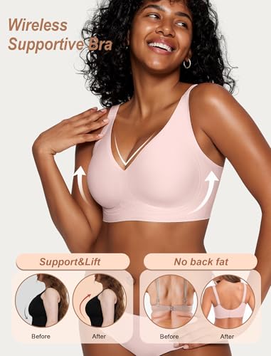 Image of OEAK Womens Comfortable Jelly Bras Deep V Bra No Underwire Seamless Full Coverage Bralettes Raceback Tshirt Supportive Bras