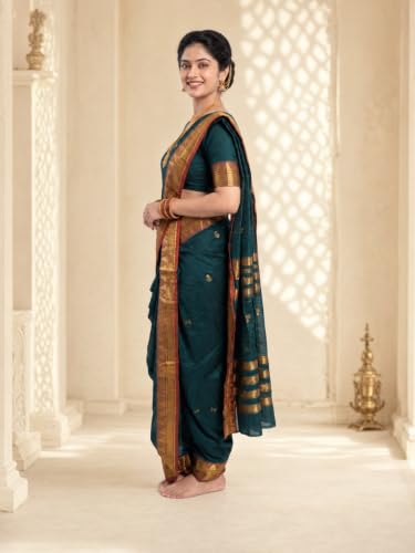 Image of Mom and Me Women Ready to Wear Nauvari Saree, Maharashtrian Peshwai Paithani, 9 Yard Readymade, Acrylic Cotton, Free Size, Traditional Ethnic Saree, with Blouse Piece