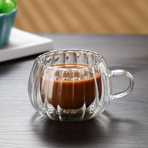 2Pcs Double Wall Glass Coffee Mugs, Classic Vertical Stripes Drinking Glasses Clear Tea Cup for Hot/Cold Beverages Glassware Set for Americano, Latte, Cappuccino(Various(150ml/5.07oz With Handle)